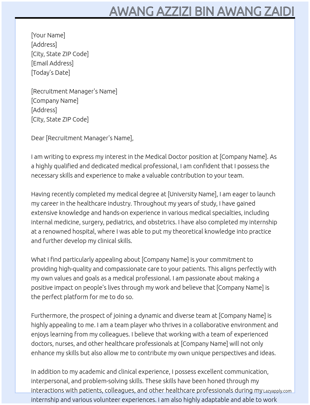 Medical doctor At clinic Cover Letter