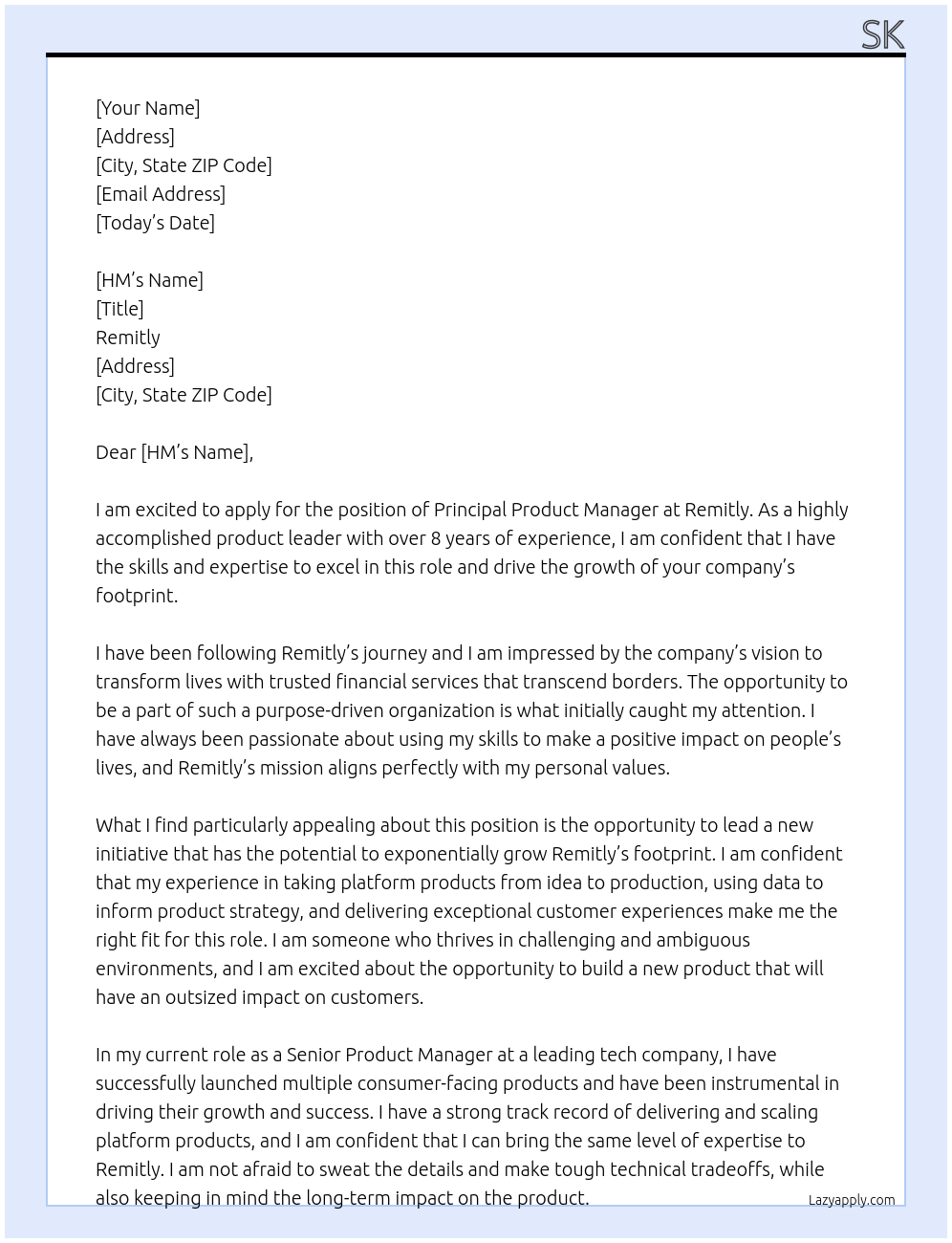Principal Product Manager At Remitly Cover Letter
