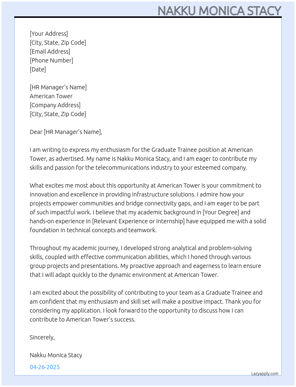 Graduate trainee  At American tower  Cover Letter