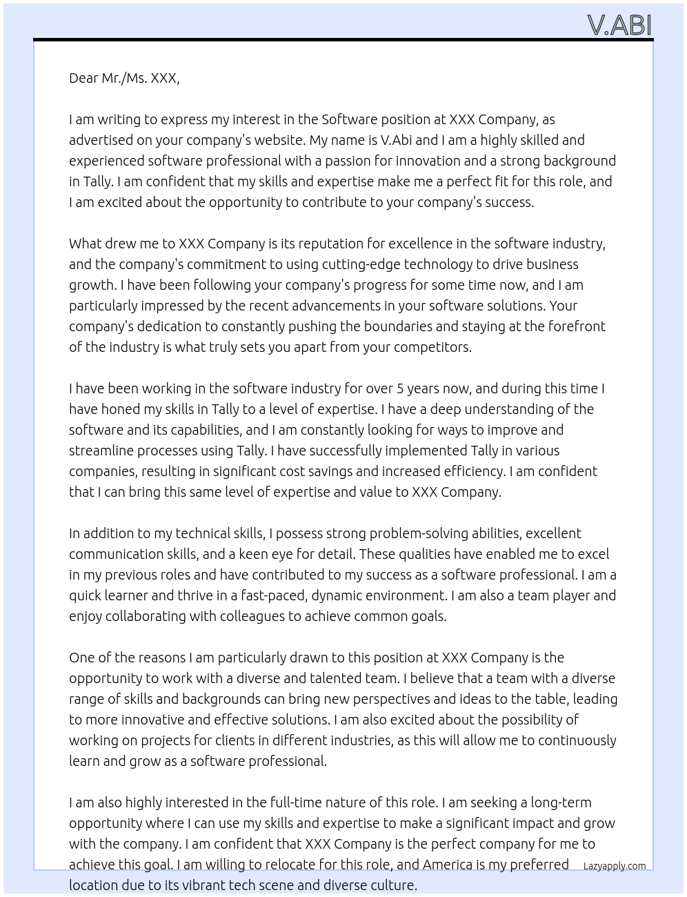 software At xxx company Cover Letter