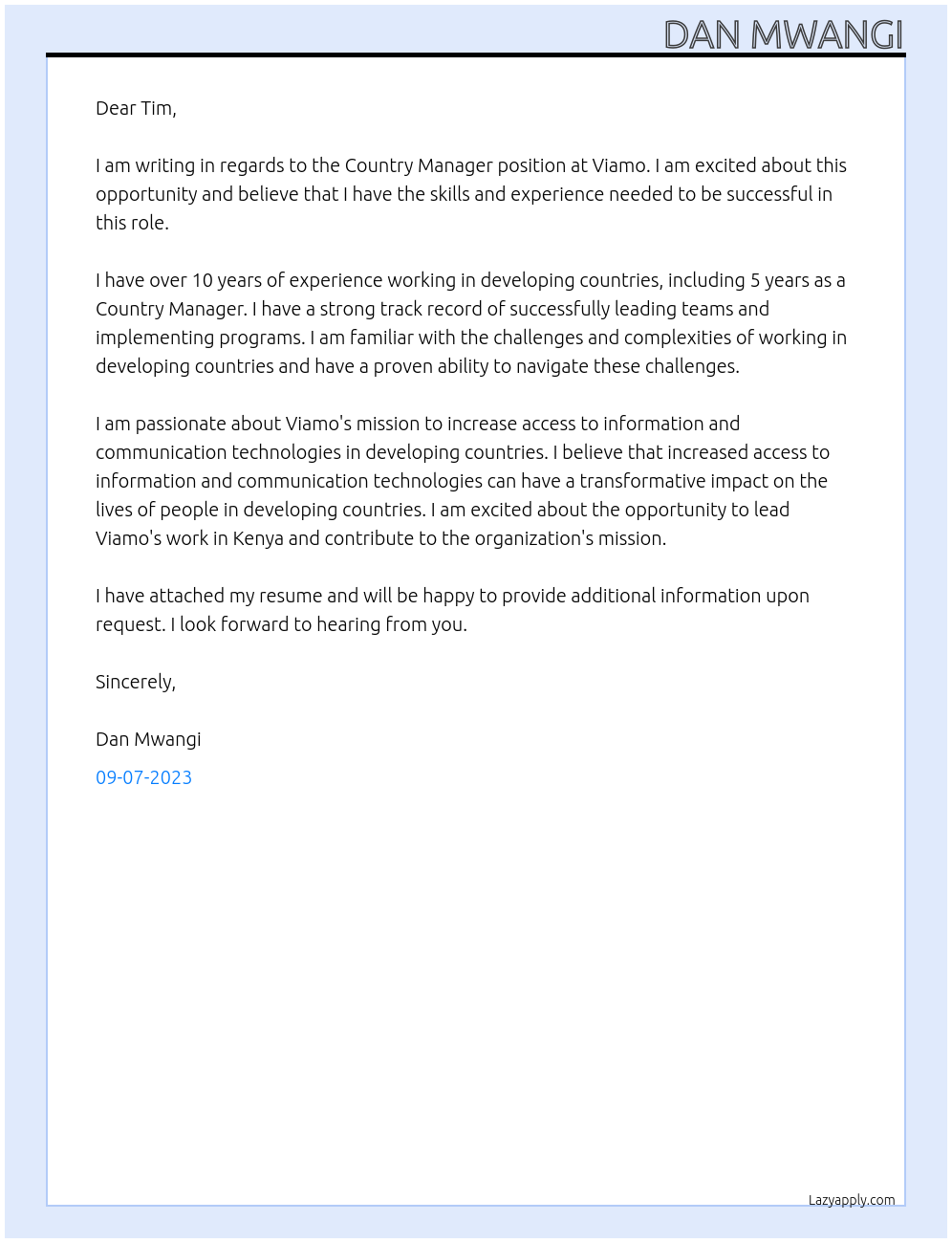 Country Manager At Viamo Cover Letter