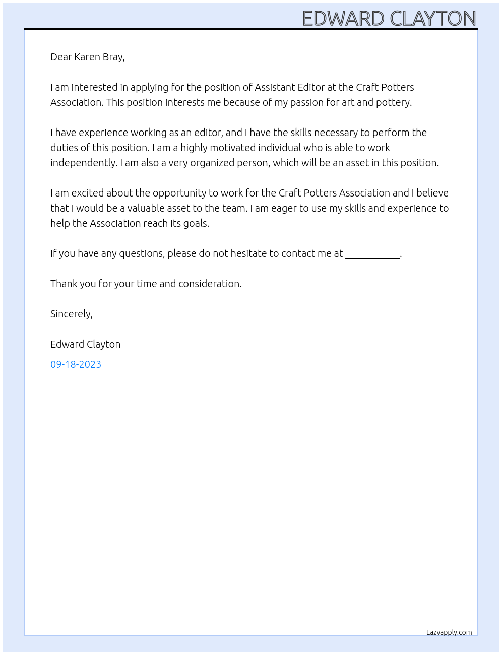 Assistant Editor At Craft Potters Association Cover Letter