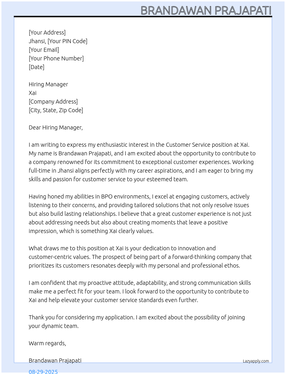 Customer service At Xai Cover Letter