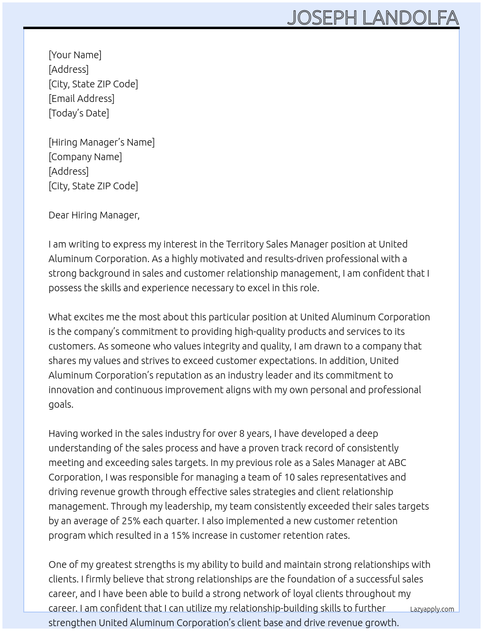 Territory Sales Manager At United Aluminum Corporation Cover Letter