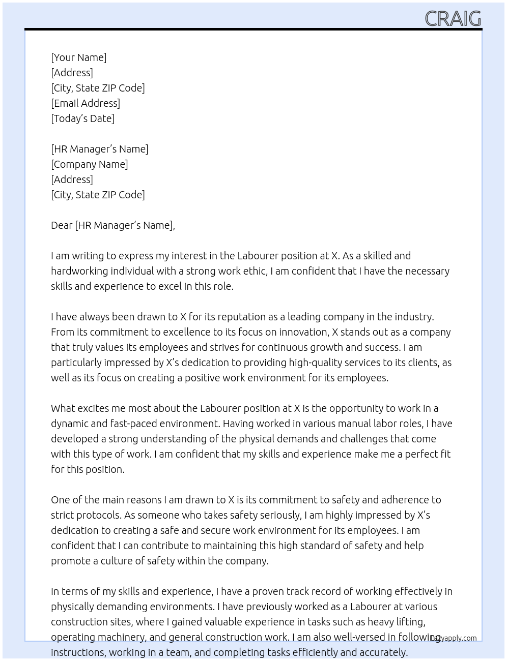 Labourer At X Cover Letter