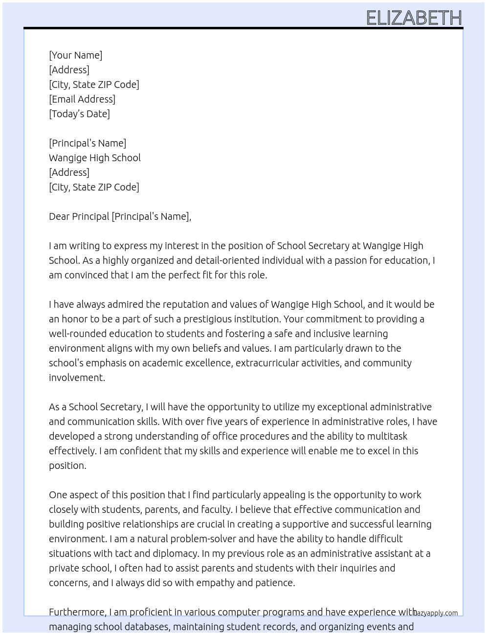 School secretary At Wangige High School Cover Letter