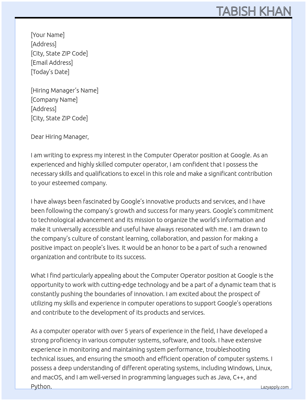 Computer Operator At Google Cover Letter
