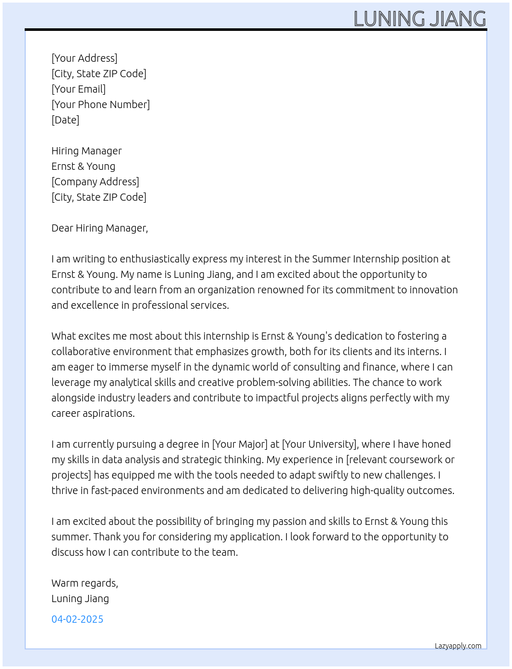 Summer Internship At Ernst & Young Cover Letter