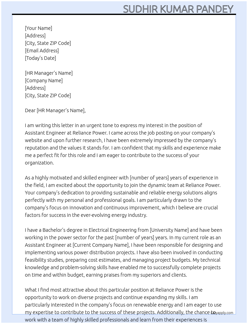 Assistant Engineer At Reliance Power Cover Letter