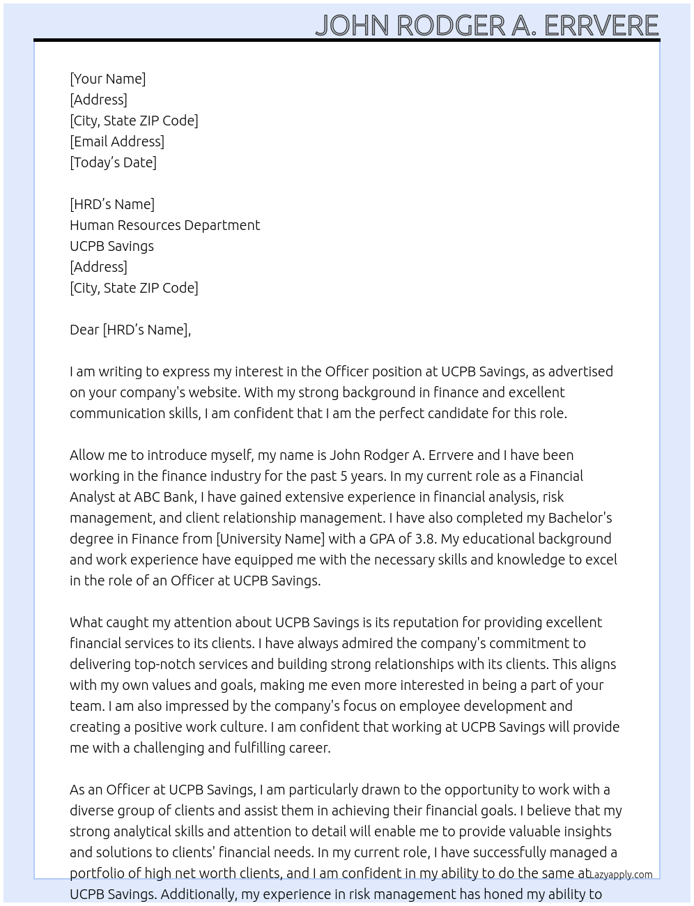 officer At ucpb savings Cover Letter