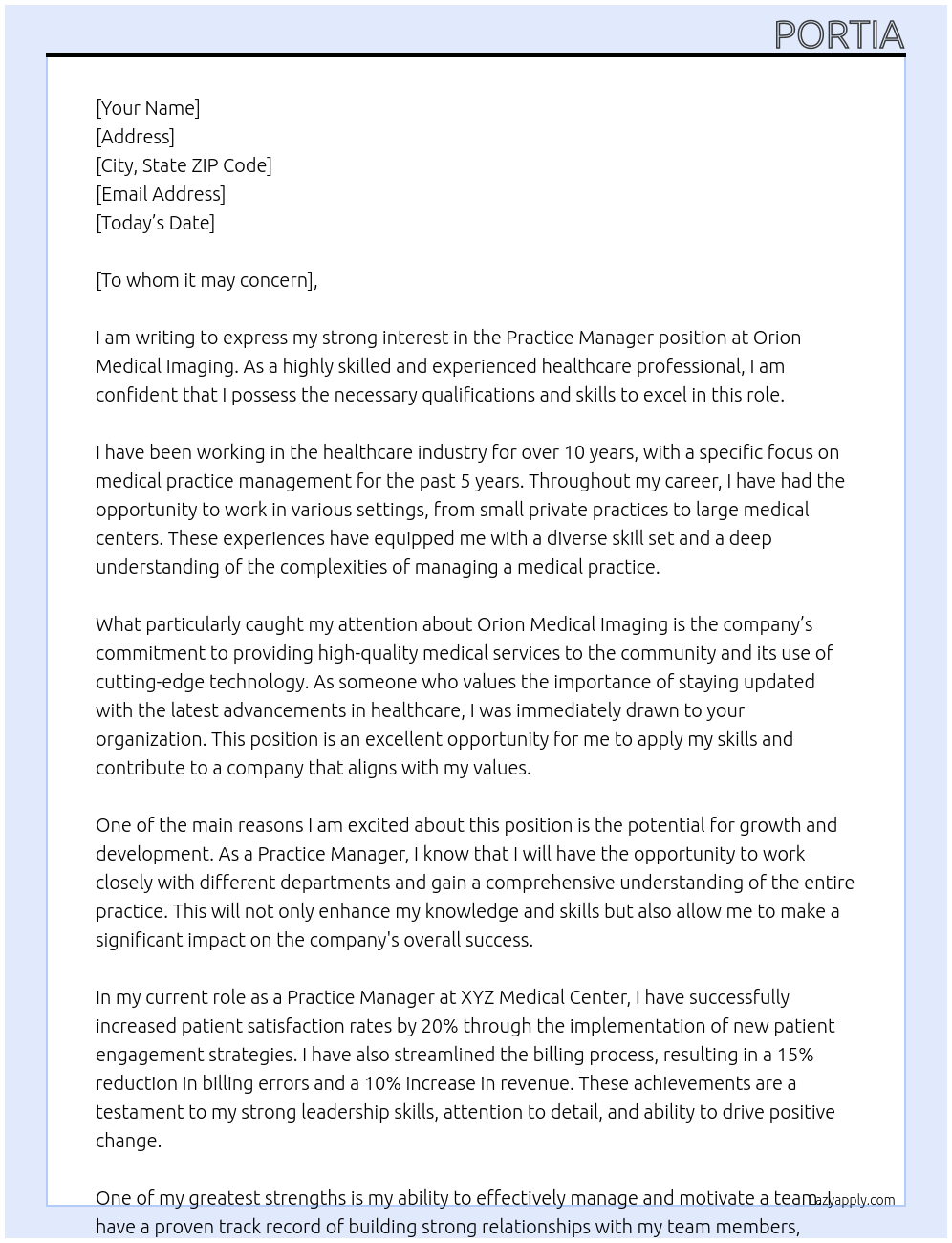 Practice manager At Orion Medical Imaging Cover Letter