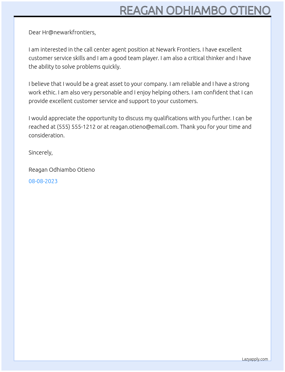 Call center agent At Newark Frontiers Cover Letter