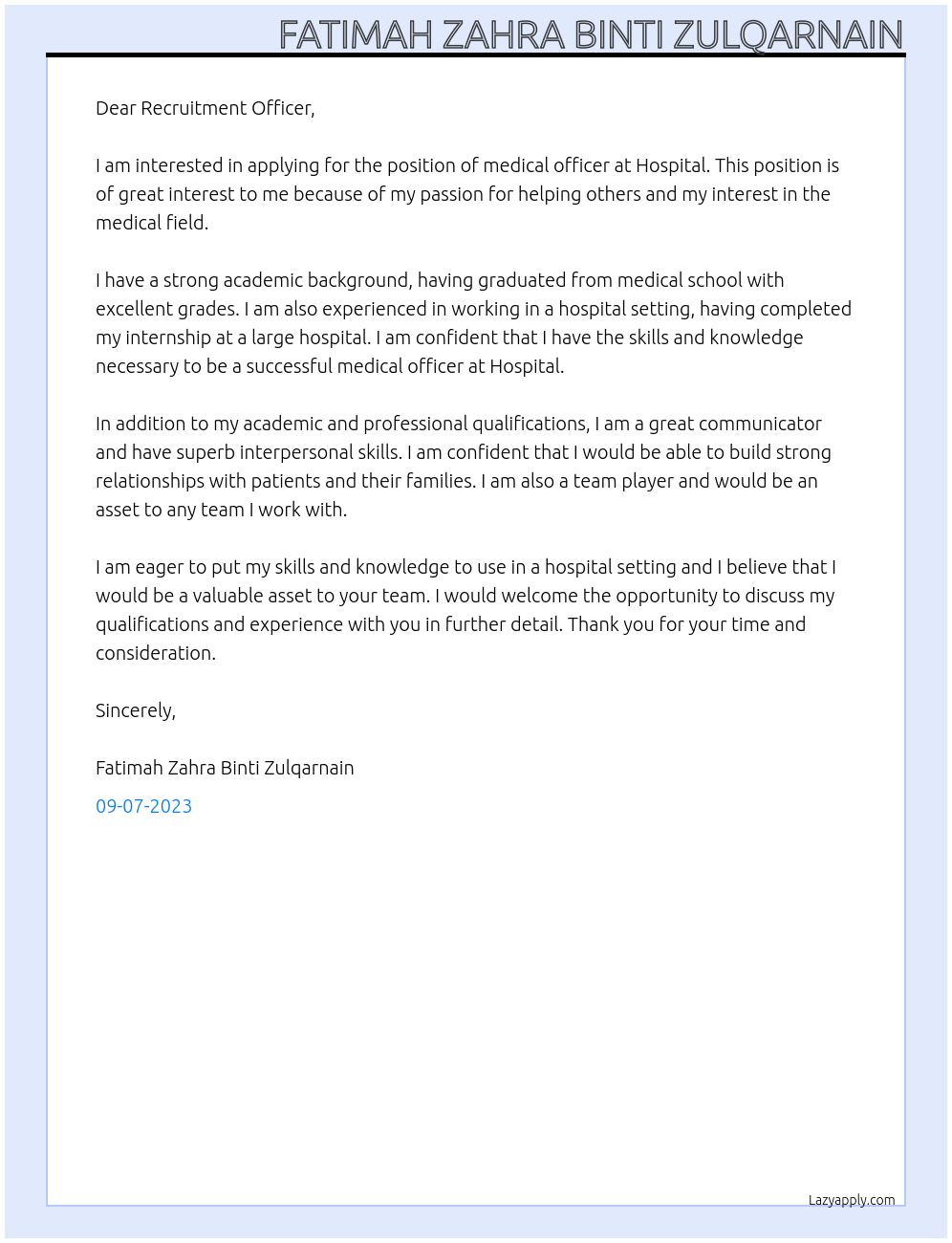 medical officer At Hospital Cover Letter