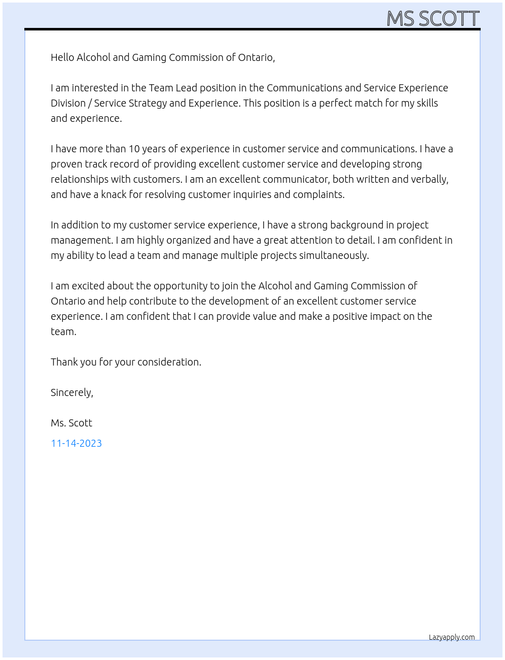 Team Lead At Alcohol and Gaming Commission of Ontario Cover Letter