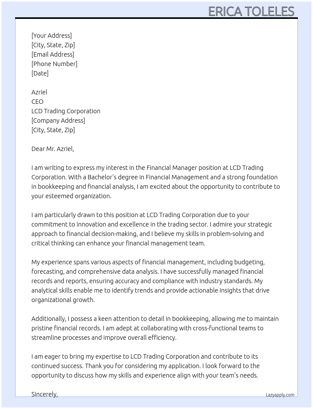 Cover letter for financial manager - LazyApply
