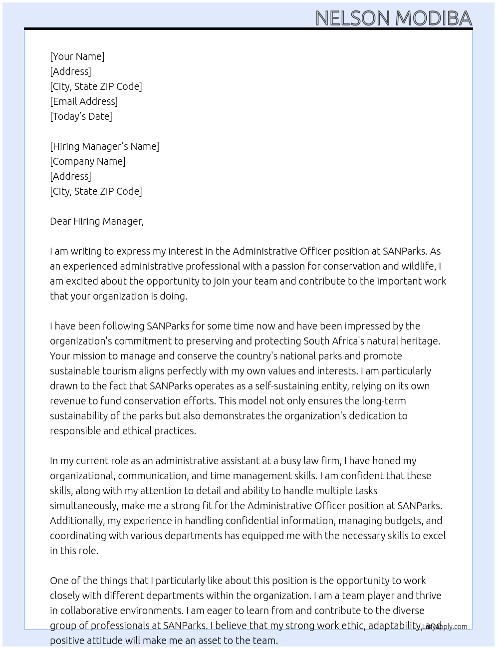 Administrative Officer At SANParks Cover Letter
