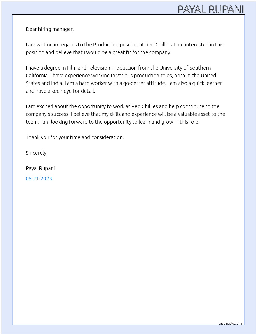 Production  At Red Chillies Cover Letter