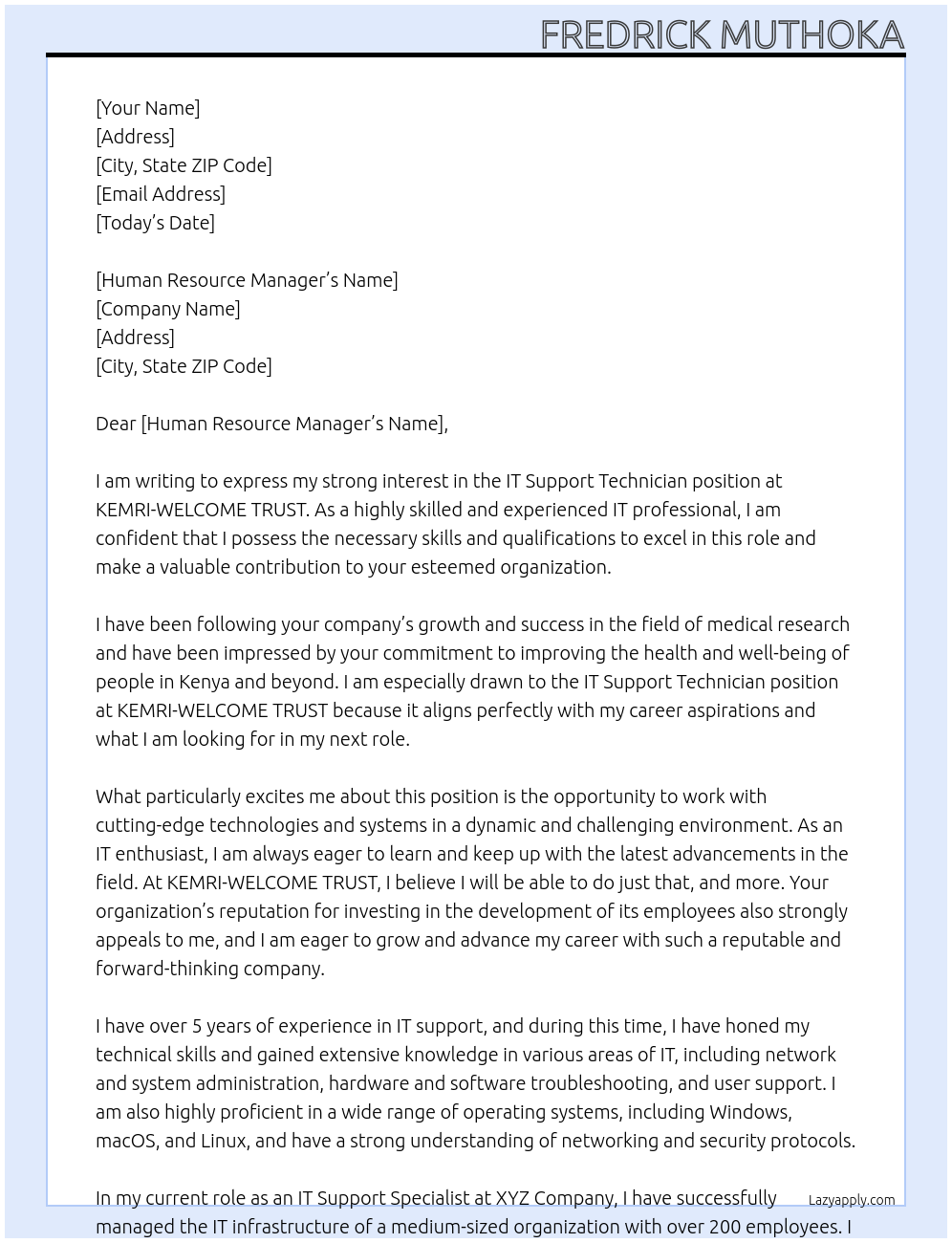 IT SUPPORT TECHNICIAN At KEMRI-WELCOME TRUST Cover Letter