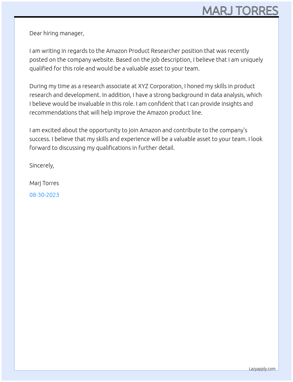 AMAZON PRODUCT RESEARCHER At amz Cover Letter