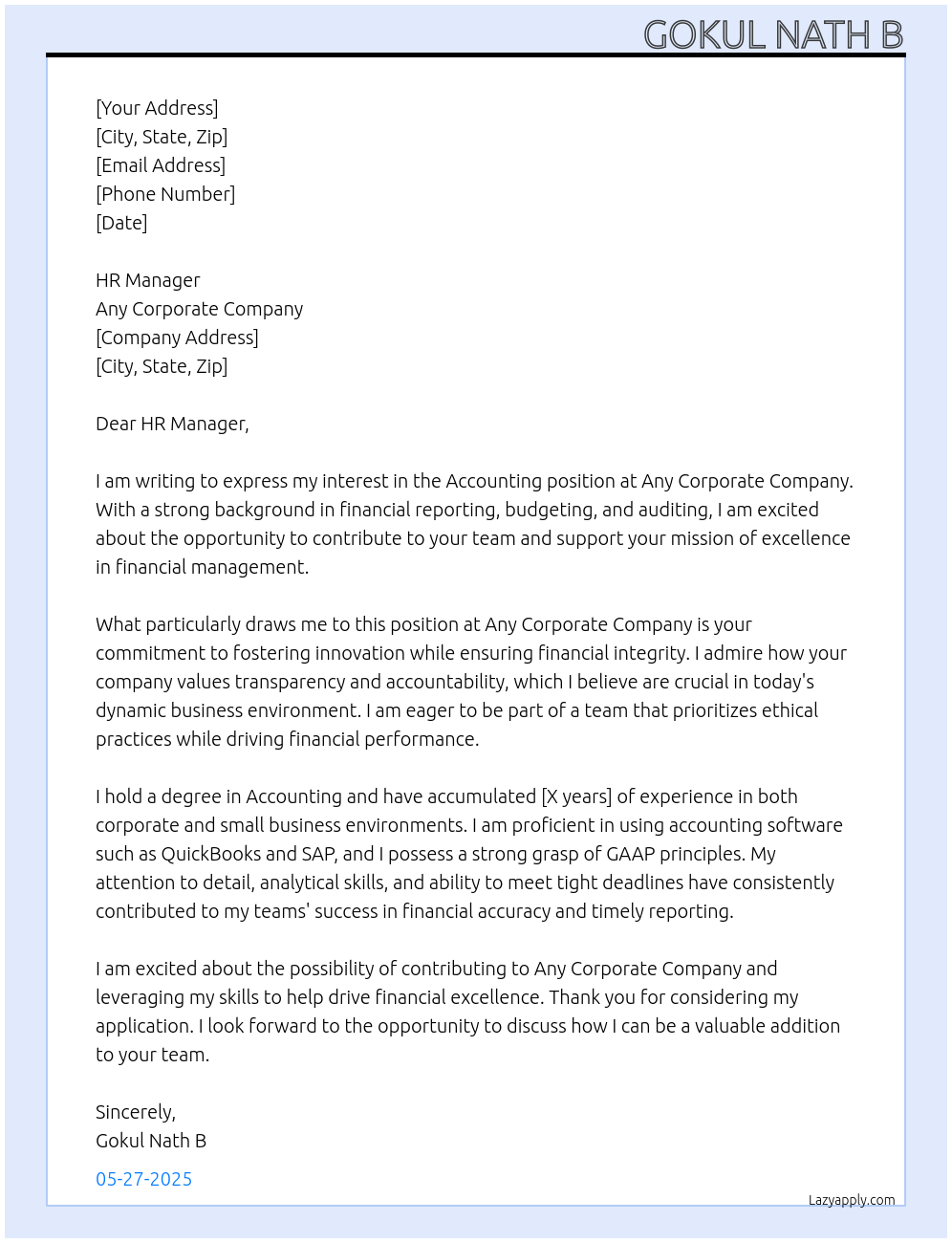 Accounting At Any corporate companies Cover Letter