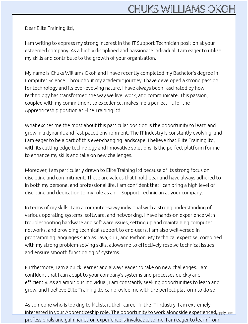 IT support technician At Apprentiship position Cover Letter