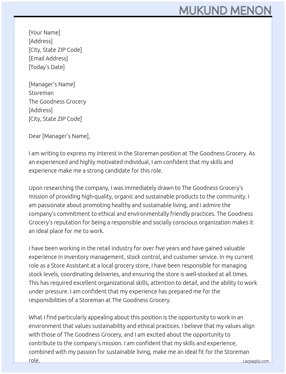 Storeman At The Goodness Grocery Cover Letter
