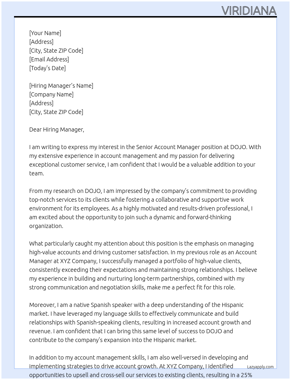 Senior account manager At DOJO Cover Letter