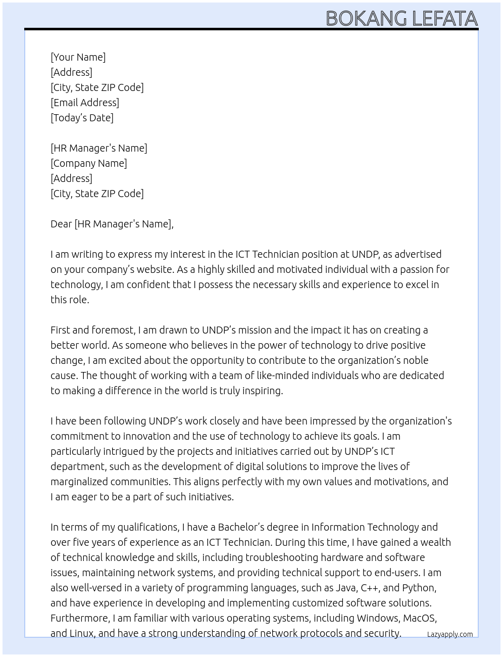 ICT Technician At UNDP Cover Letter