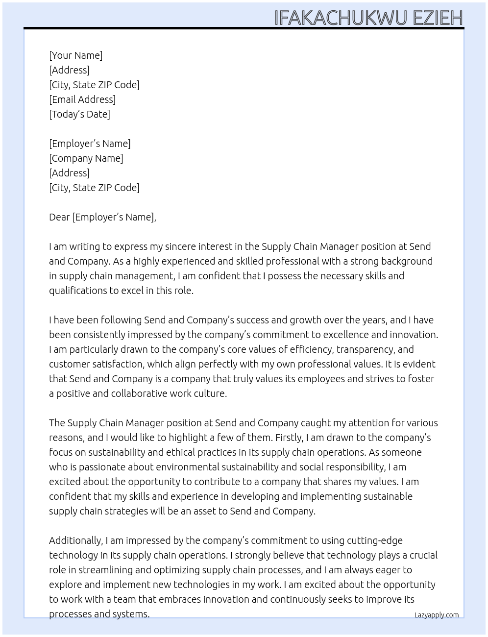 Supply Chain Manager  At Send and Company  Cover Letter