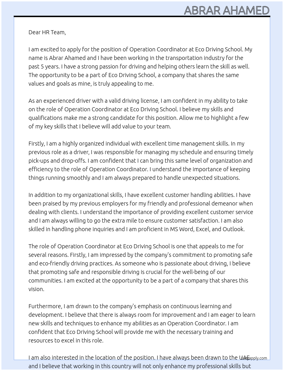 Operation Coordinator At Eco Driving School Cover Letter