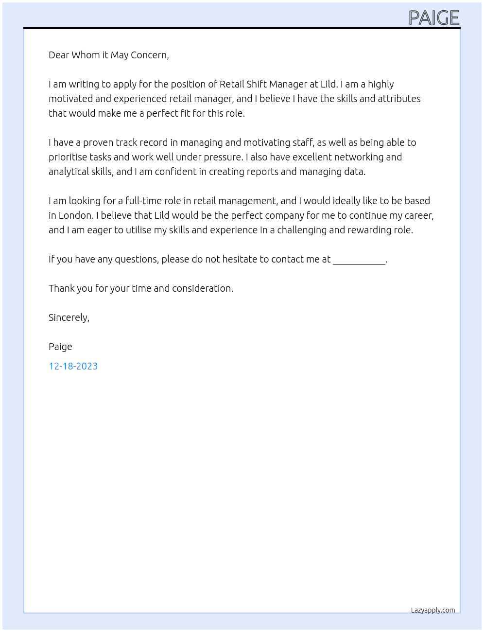 Retail shift manager At Lild Cover Letter