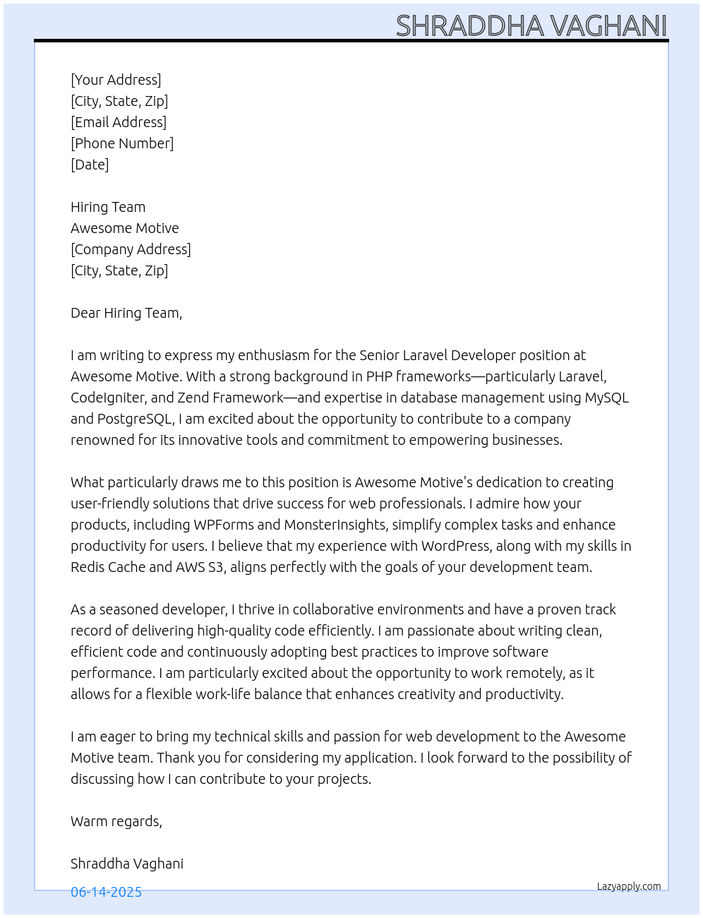 Senior Laravel Developer At Awesome Motive Cover Letter