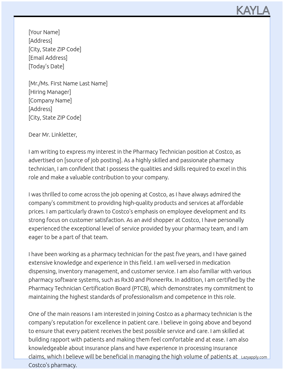 Pharmacy Technician At Costco Cover Letter