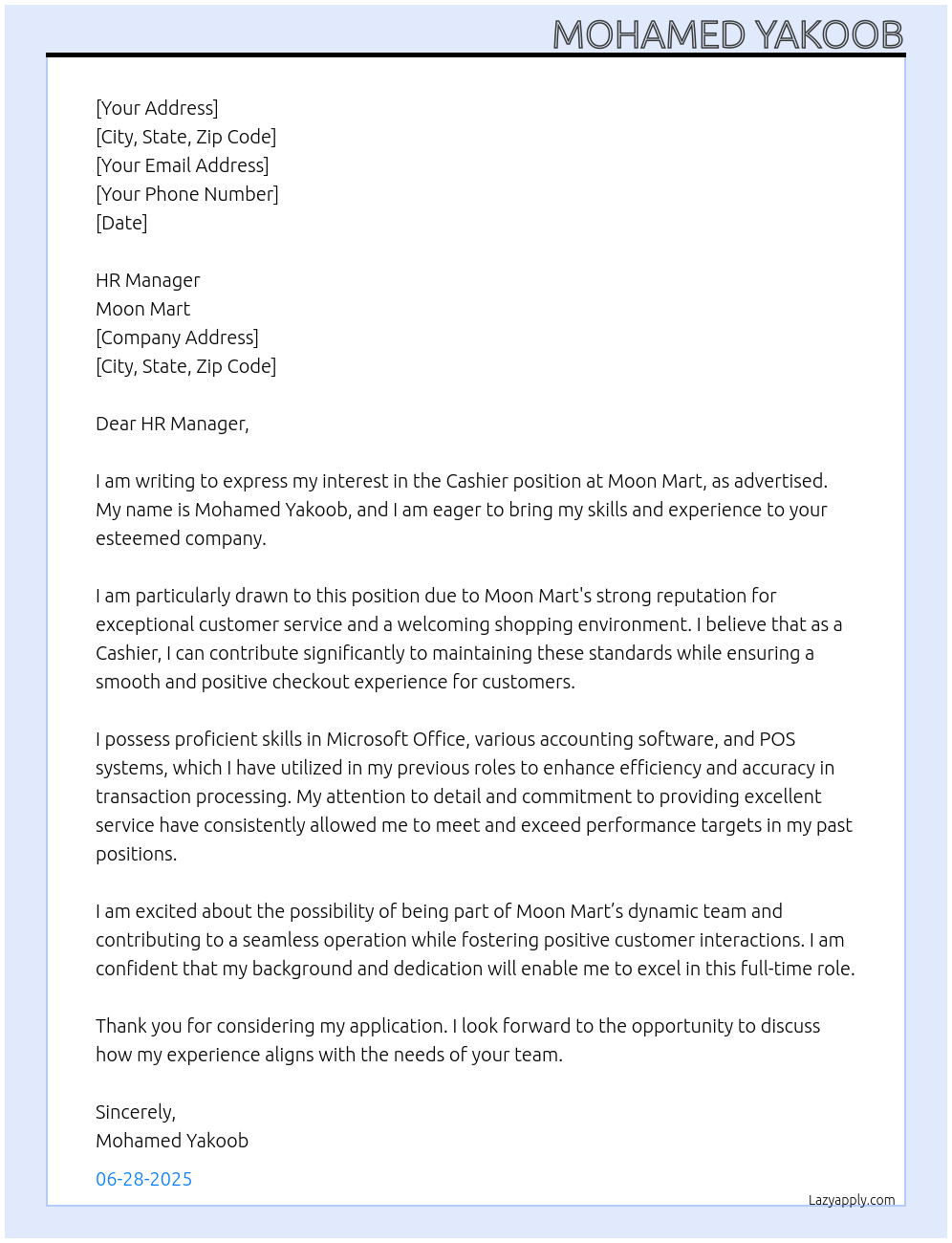 CASHIER At Moon Mart Cover Letter