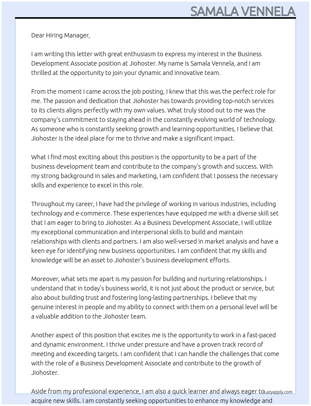 business development associate At jiohoster Cover Letter