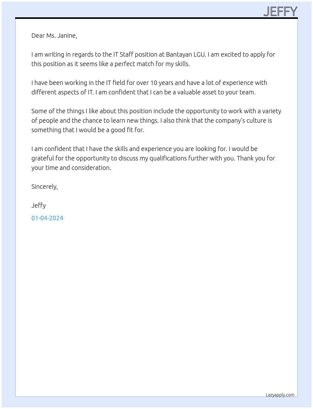 IT Staff At Bantayan LGU Cover Letter