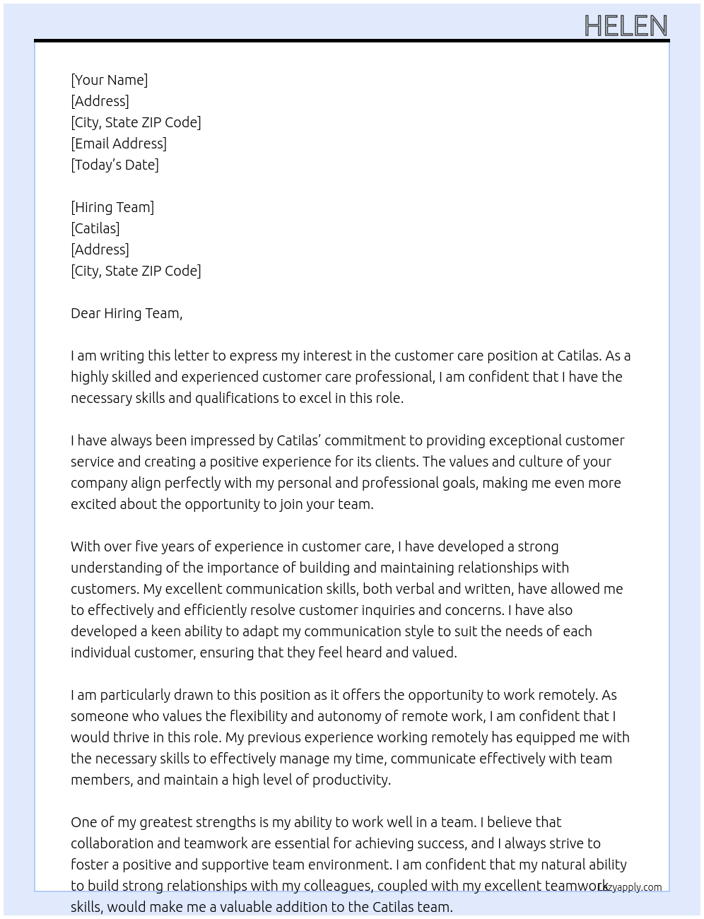 customer care At Catilas Cover Letter