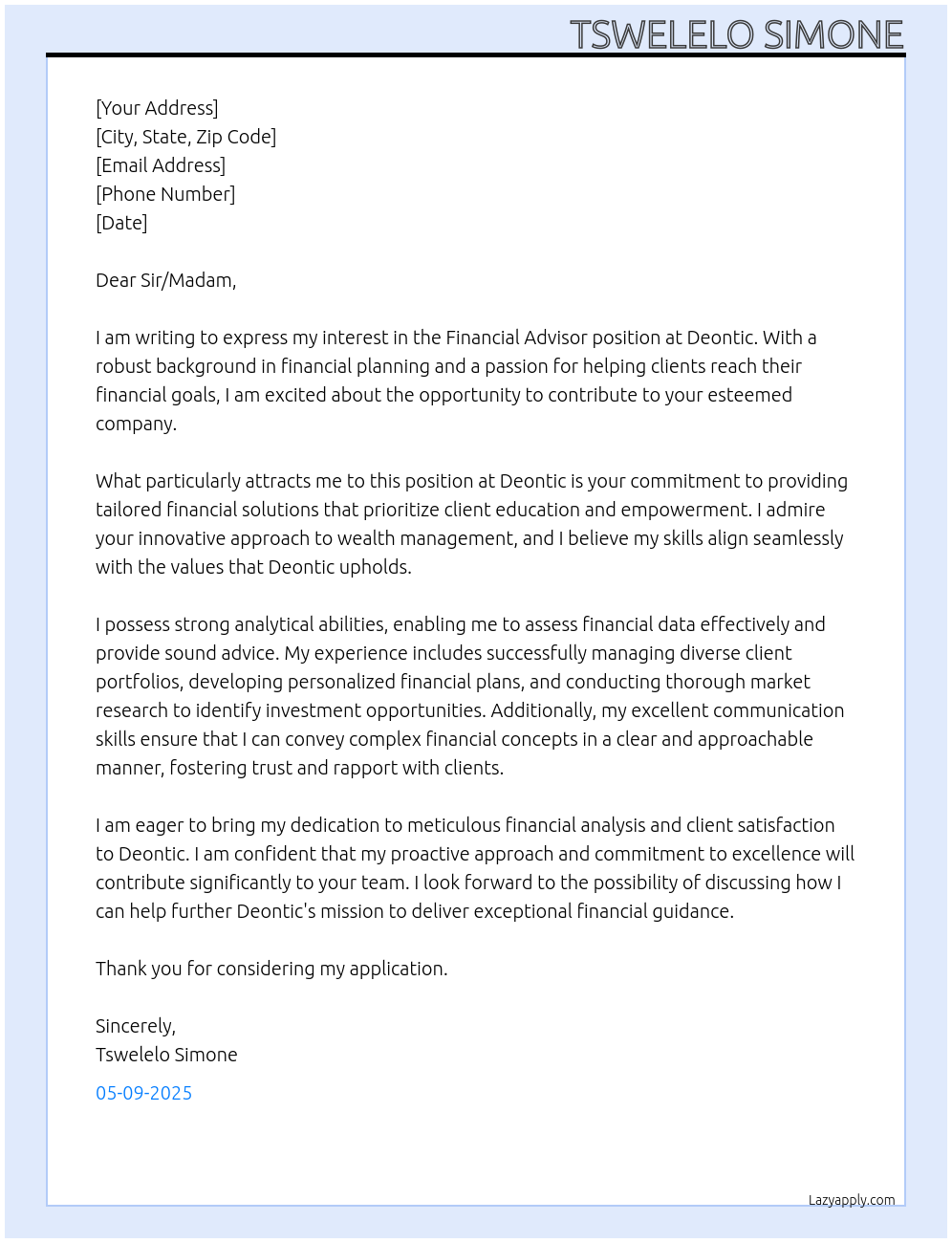 Cover letter for financial advisor - LazyApply