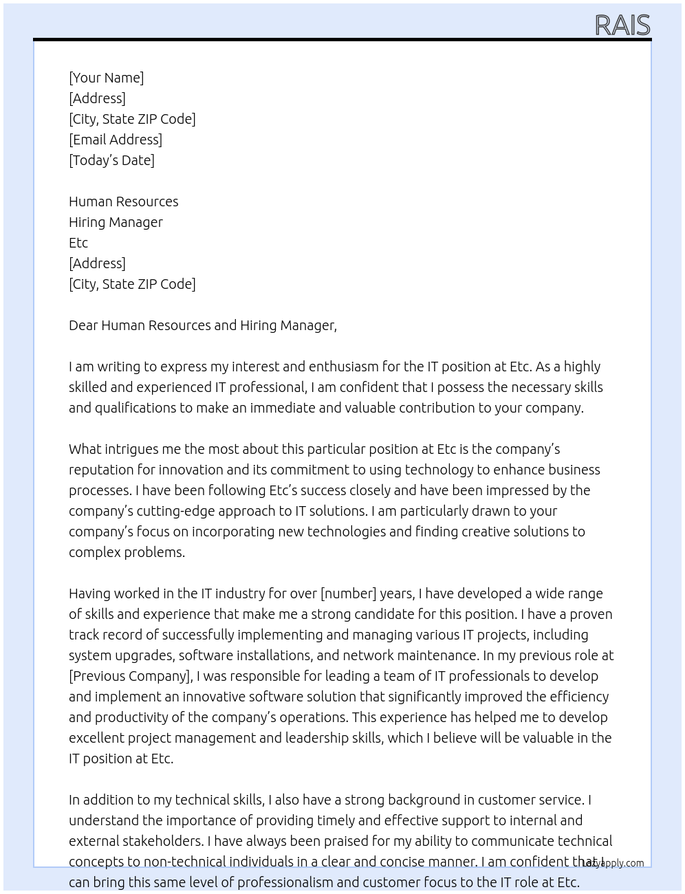 IT At Etc Cover Letter