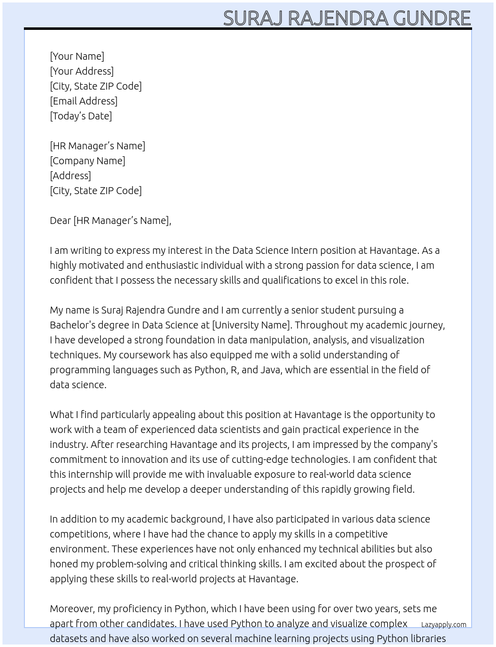 Data Science intern At Havantage Cover Letter