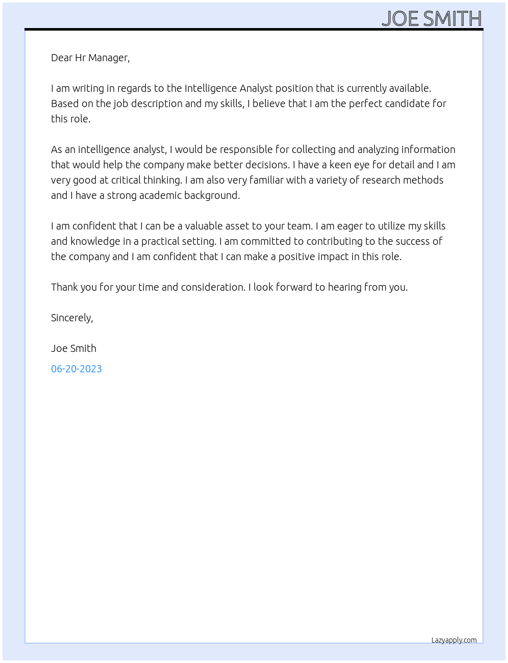 Intelligence Analyst At Intelligence Cover Letter