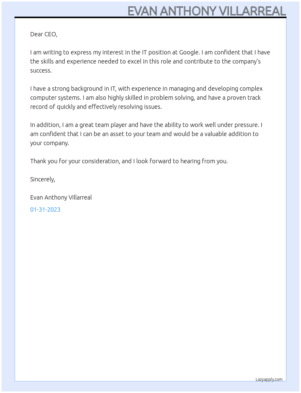 IT At Google Cover Letter