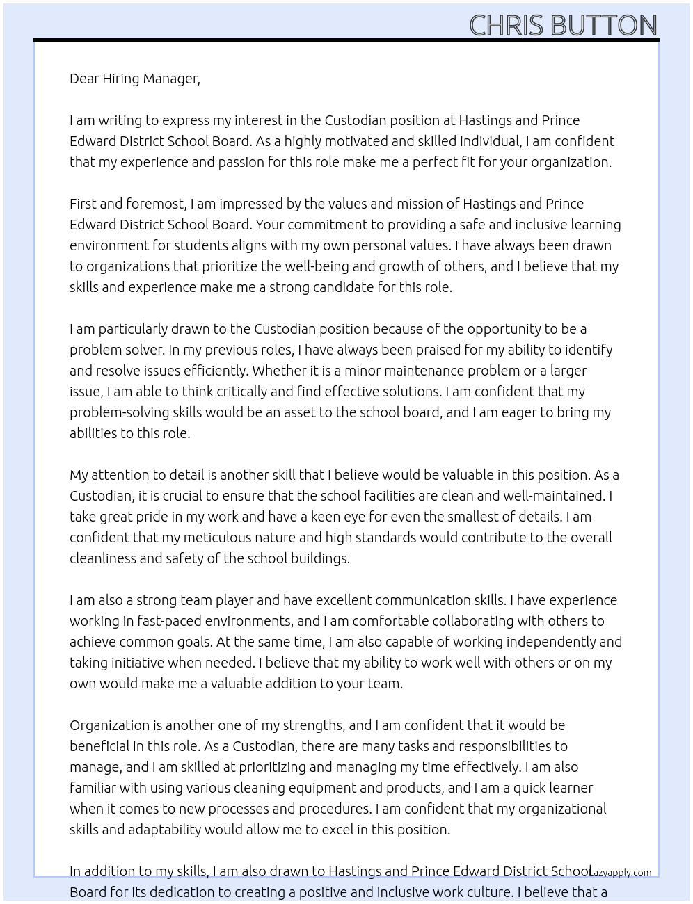 Custodian At Hastings and Prince Edward District School Board Cover Letter