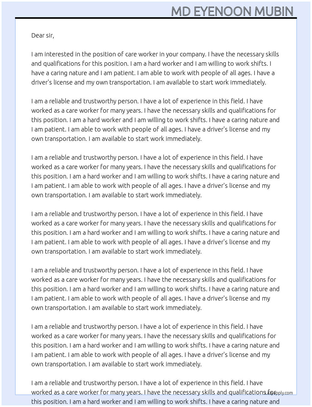 Care worker At your company  Cover Letter