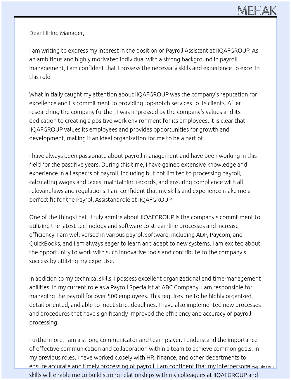 payroll assistant At IIQAFGROUP Cover Letter