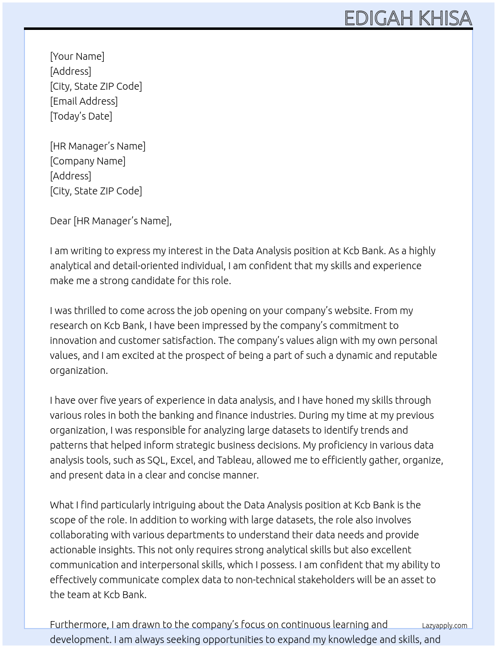 Data analysis At Kcb bank Cover Letter