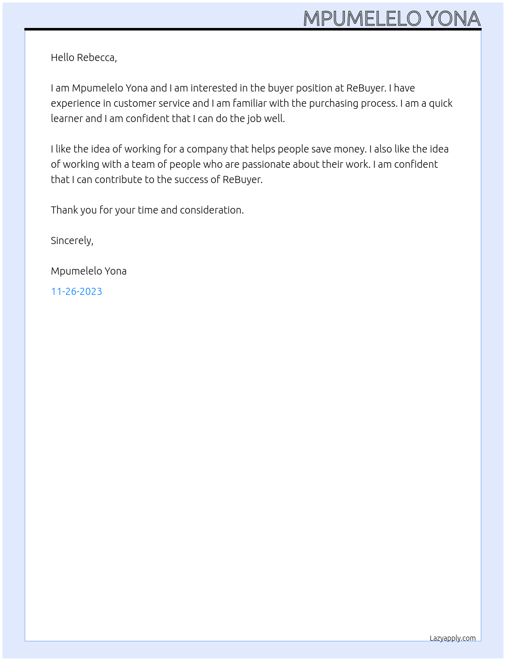 Buyer At ReBuyer Cover Letter