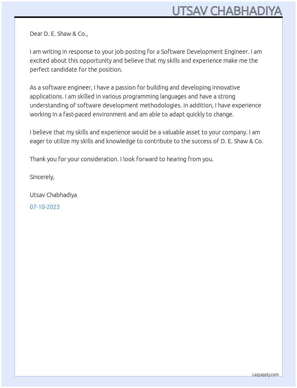 Software Development Engineer At D. E. Shaw & Co. Cover Letter