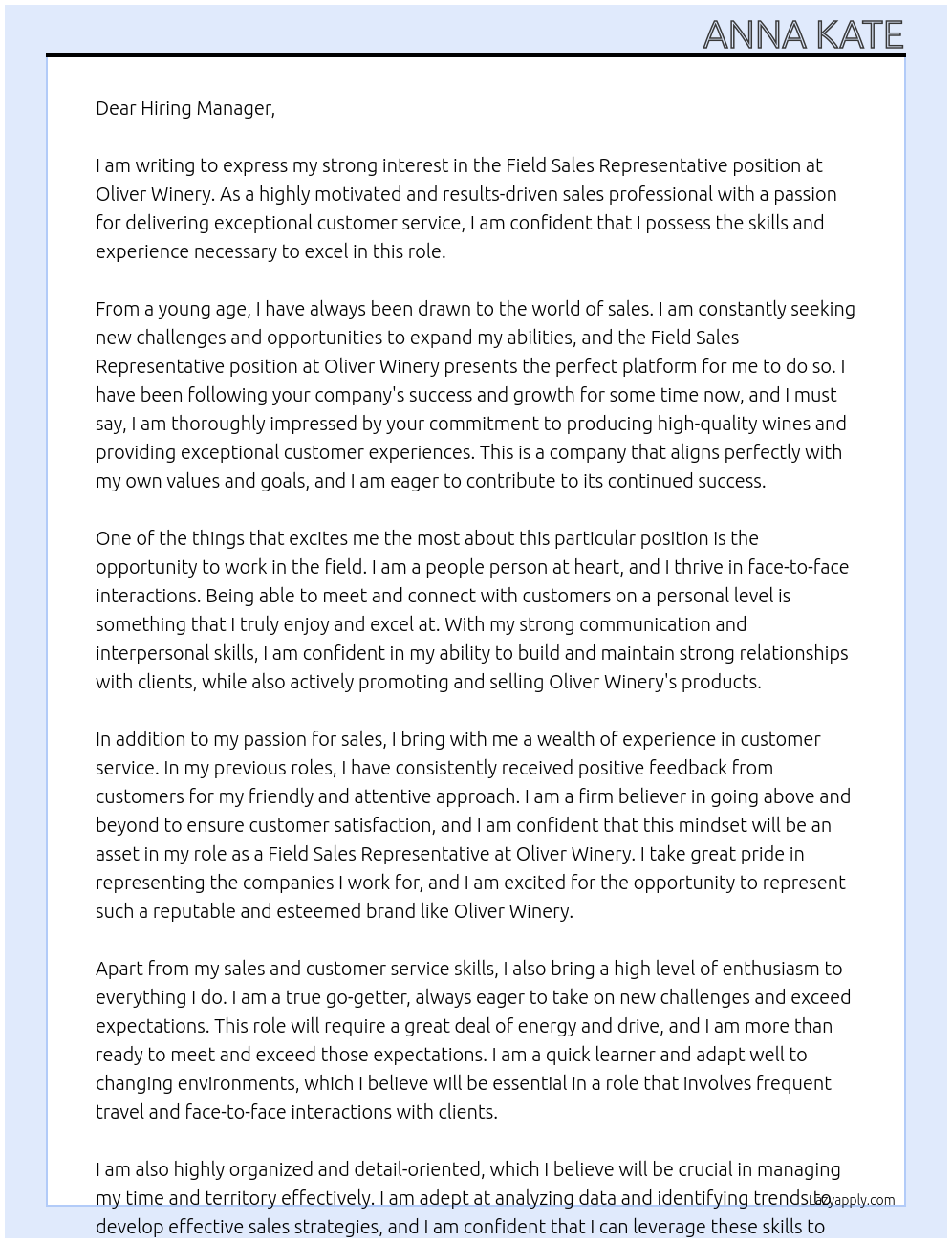 Field Sales Representative  At Oliver Winery Cover Letter
