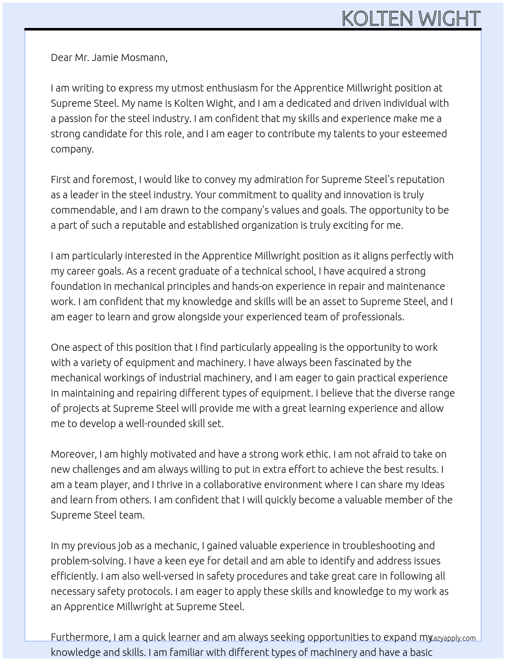 Apprentice Millwright At  Supreme Steel Cover Letter